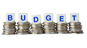 Stacks of coins with the word BUDGET isolated on white background