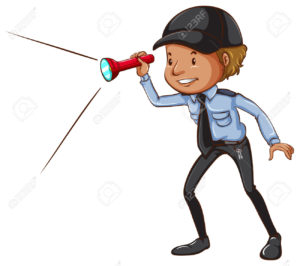 Illustration of a sketch of a security guard with a flashlight on a white background