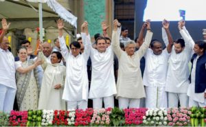 EDS PLS TAKE NOTE OF THIS PTI PICK OF THE DAY::::::::: Bengaluru: Newly sworn-in Karnataka Chief Minister H D Kumaraswamy with Congress President Rahul Gandhi, Bahujan Samaj Party (BSP) leader Mayawati, Congress leader Sonia Gandhi, Samajwadi Party (SP) leader Akhilesh Yadav, RJD leader Tejashwi Yadav,  Communist Party of India (Marxist) General Secretary Sitaram Yechury and others during the swearing-in ceremony of JD(S)-Congress coalition government, in Bengaluru, on Wednesday. (PTI Photo/Shailendra Bhojak)(PTI5_23_2018_000151B)(PTI5_23_2018_000167B)