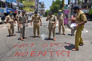 Kochi: Police personnel mark a locality of Kaloor - Kathrikadavu as a COVID-19 hotspot, following emergence of positive patients, during the nationwide lockdown to curb the spread of coronavirus, in Kochi, Thursday, April 23, 2020. (PTI Photo)(PTI23-04-2020_000223B)