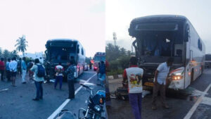 keralanews ksrtc scania bus from thiruvananthapuram to bengaluru collided with lorry driver injured