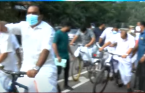 keralanews protest against fuel price hike opposition rides a bicycle to the assembly