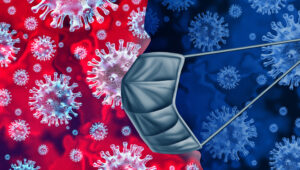Coronavirus outbreak and coronaviruses influenza background as dangerous flu strain cases as a pandemic medical health risk concept with disease cells as a 3D render